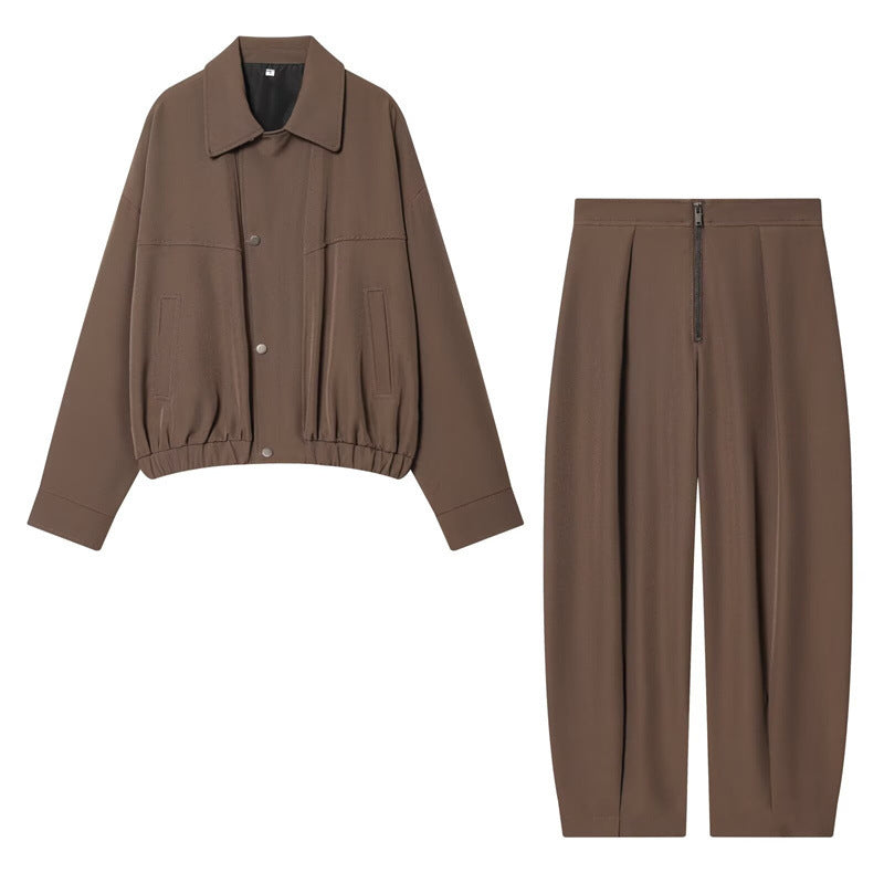 Casual Lapel Bomber Jacket And Cropped Pants Set