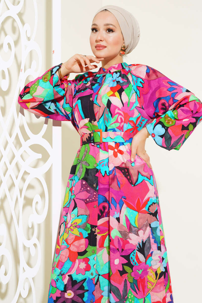 Mixed Pattern Button-Down Dress Fuchsia
