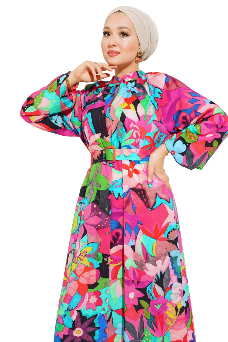 Mixed Pattern Button-Down Dress Fuchsia