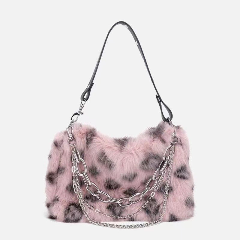 Leopard Print Bag, Underarm Bag, Plush Chain Bag
