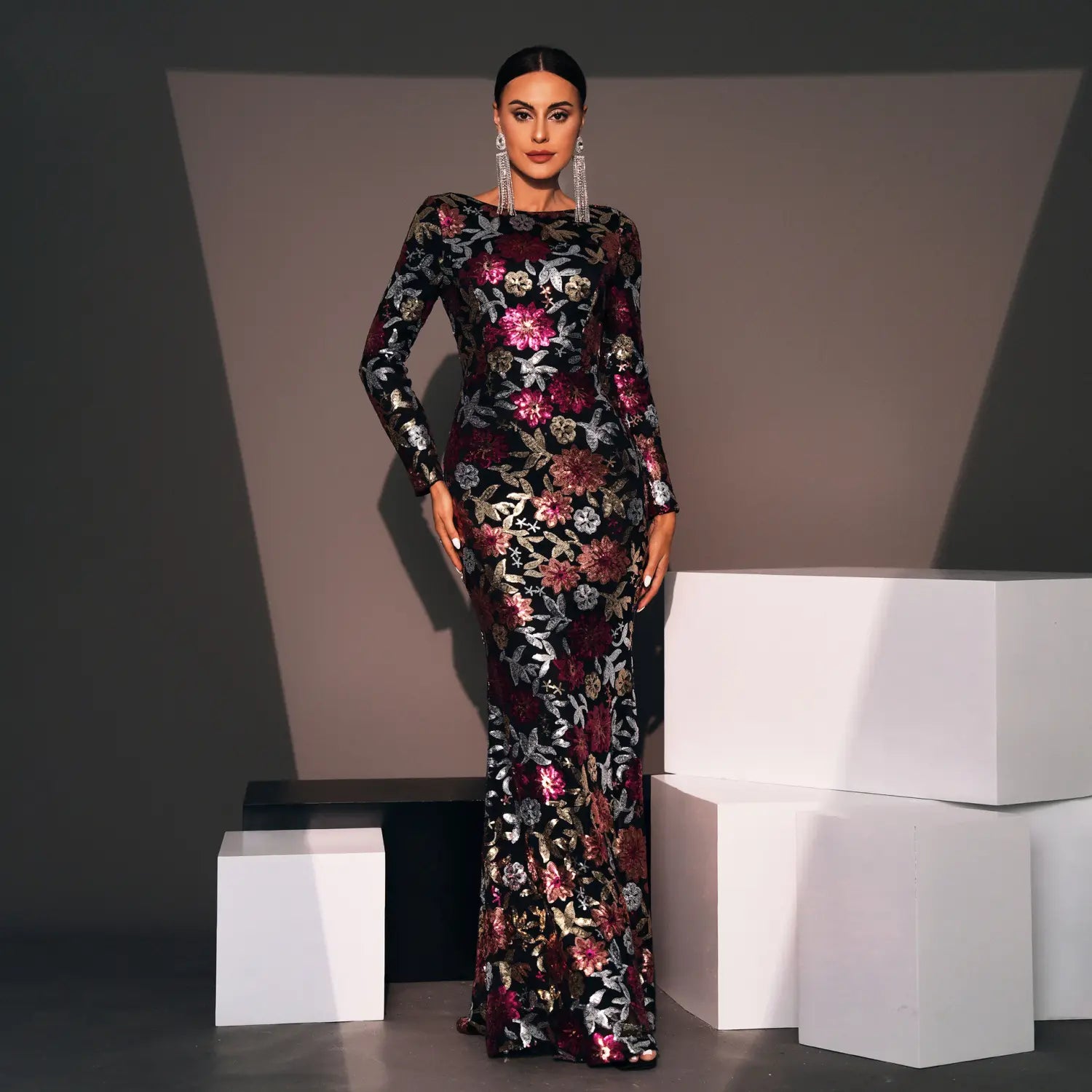 Evening Gown Long Sleeve Crew Neck Sequined Bridesmaid Dress