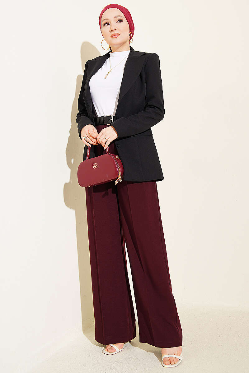 Modest Wide Leg Pleated Buttoned Palazzo Trousers – Burgundy