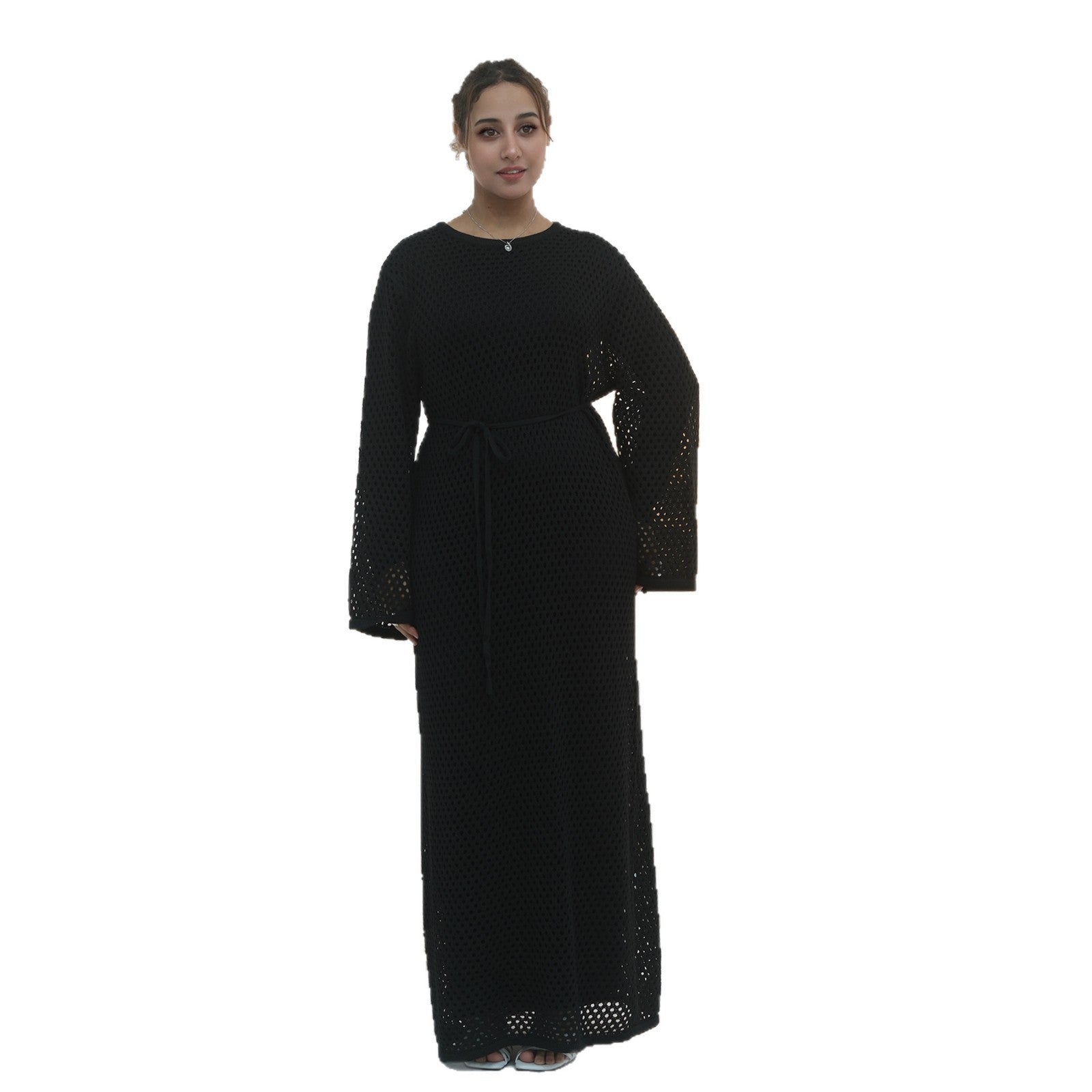 Elegant Hollow-Out Knit Dress - Modest A-Line Long Sleeve