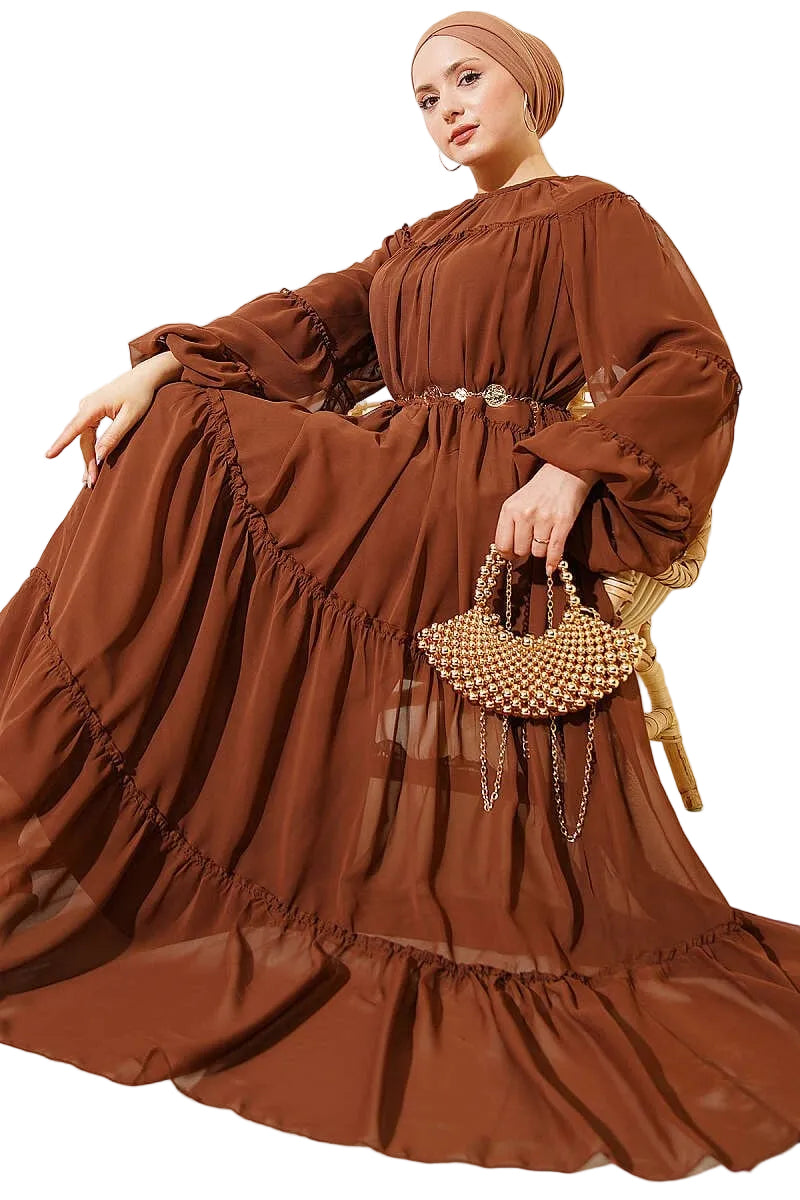 Layered Chiffon Dress with Elastic Ankles, Brown