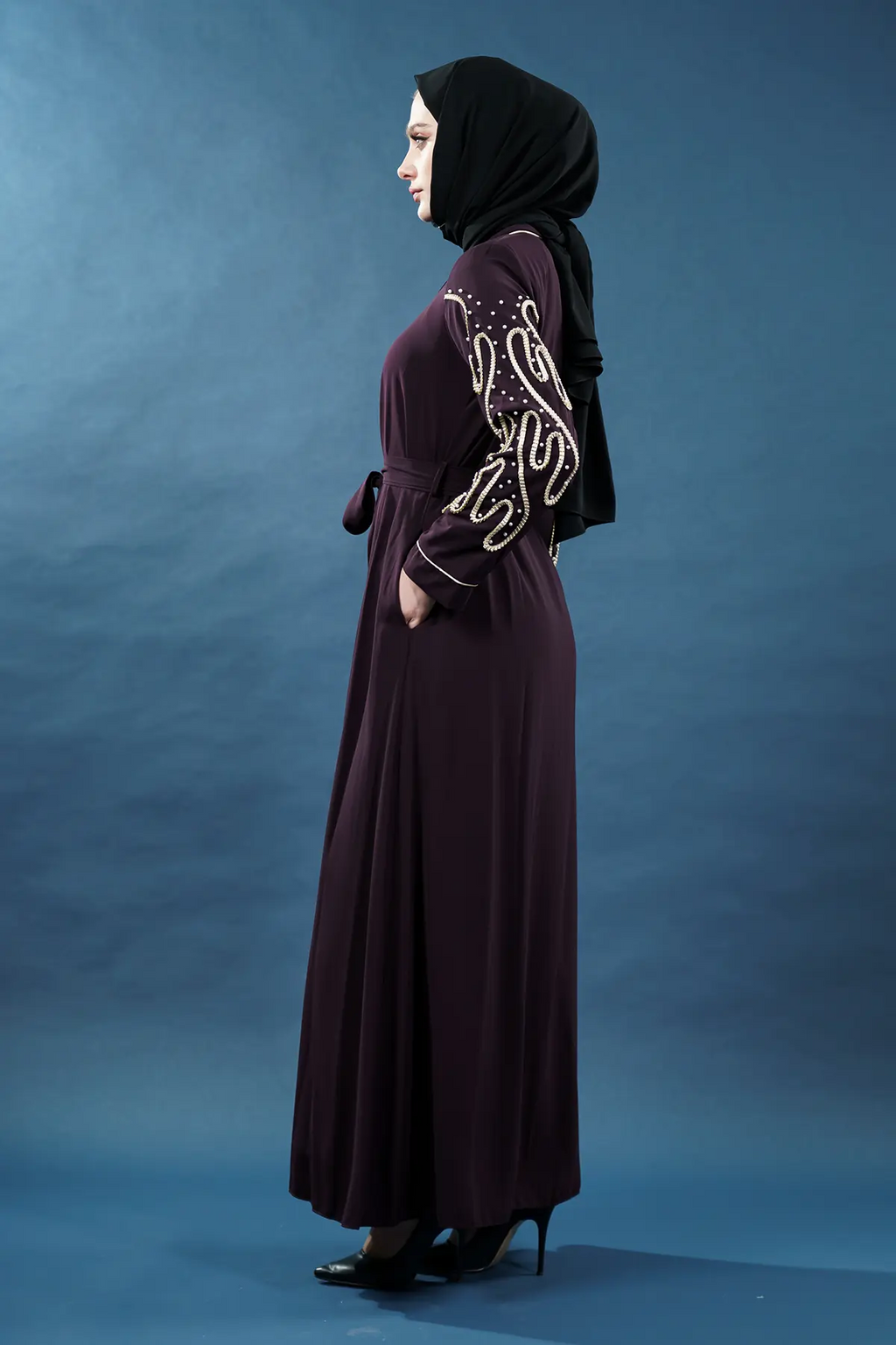Embellished Deep Purple Abaya | Gold Embroidery & Pearl Detail | Cape Style