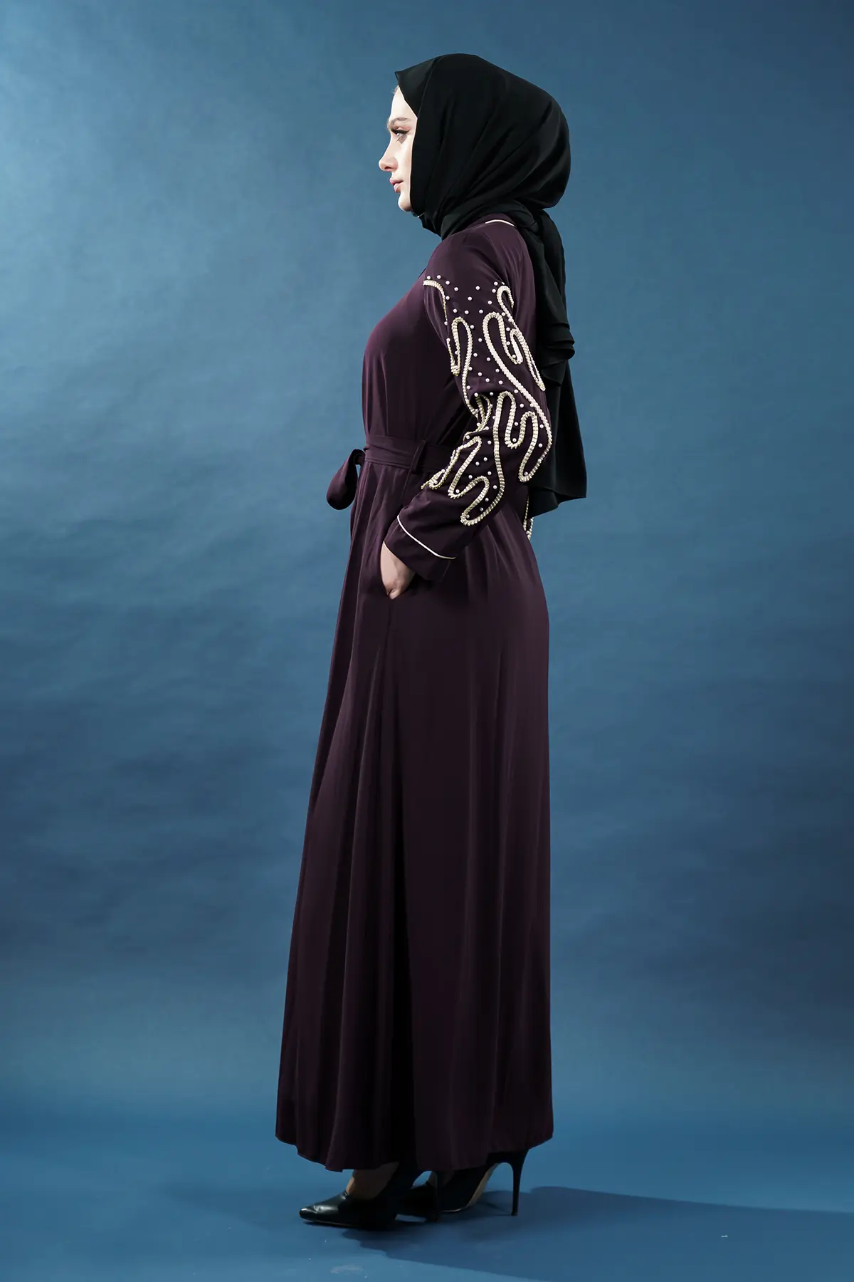 Embellished Deep Purple Abaya | Gold Embroidery & Pearl Detail | Cape Style