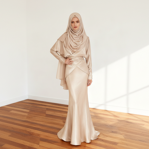 Champagne Satin Princess-Sleeve Top & Fishtail Midi Skirt Co-ord Set