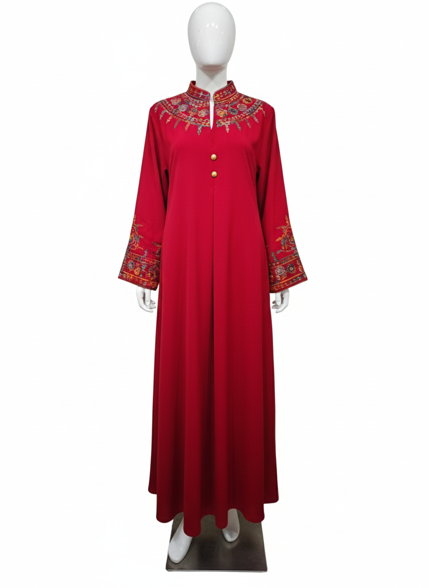 Red dress with embroidery on a mannequin against a white background