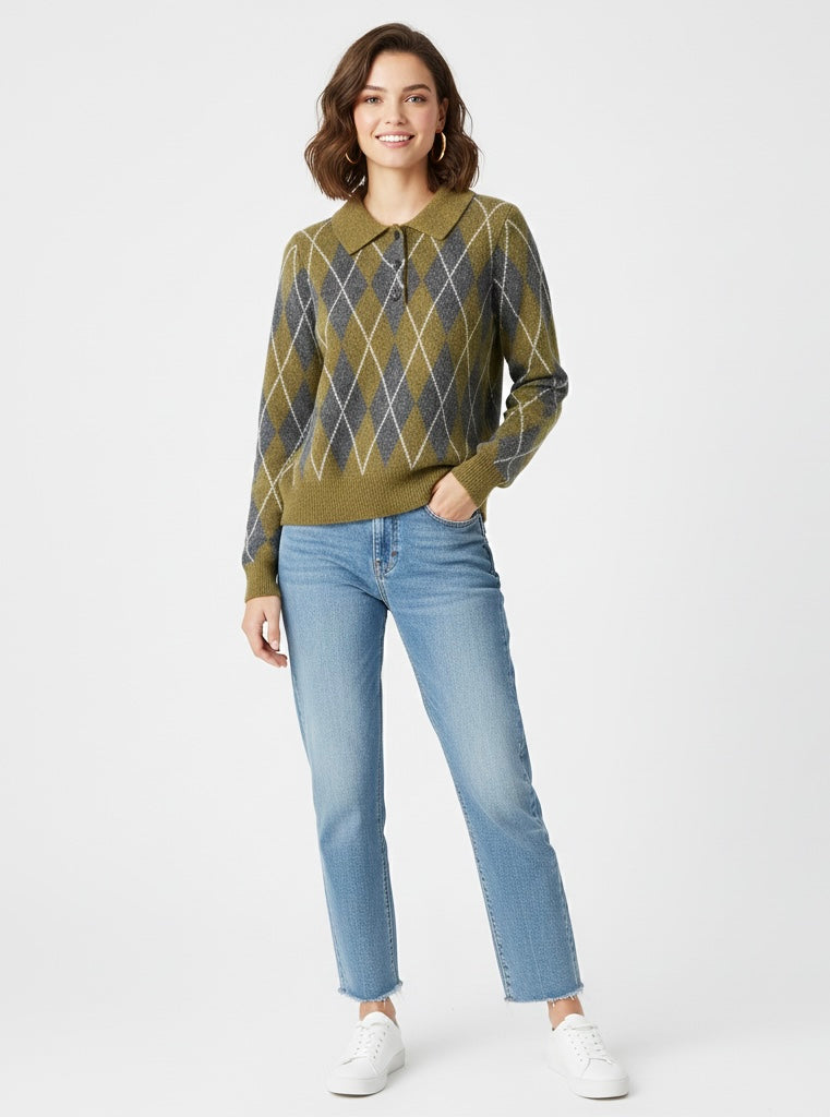 Women's Diamond-Patterned Knitted Sweater - Long Sleeve Button-Up Cardigan