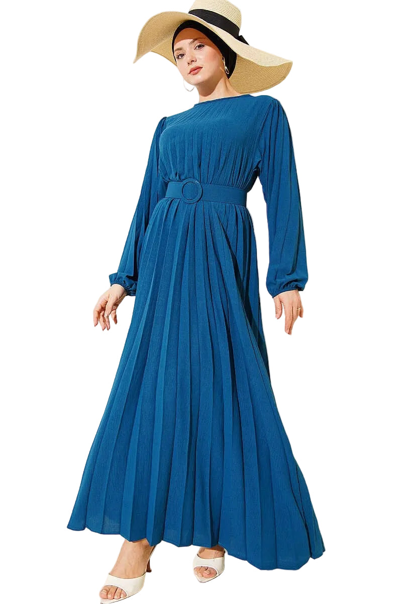 Pleated Belted Ayrobin Dress in Petrol