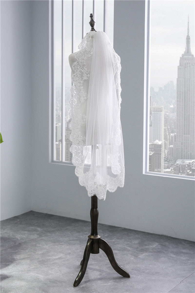 Sequined Short Wedding Veil, Soft Mesh Lace White Ivory Veil
