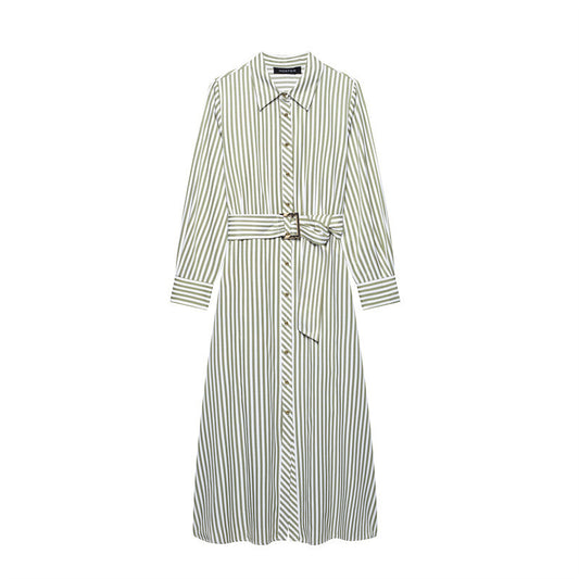 European And American Style Striped Lapel Single Breasted Belt Dress