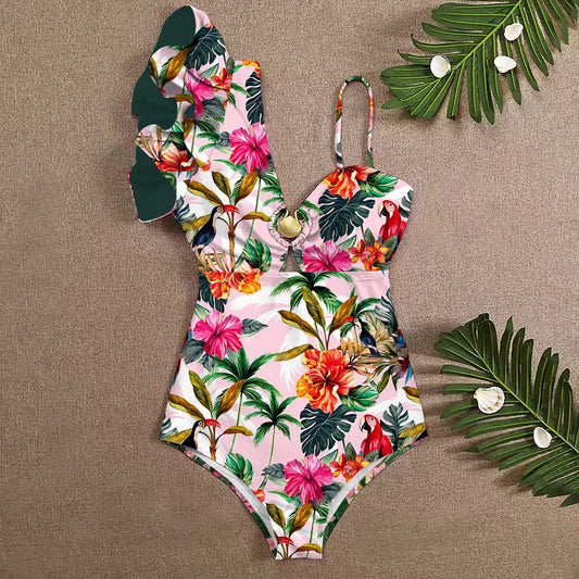 Women's One-piece One Shoulder Ruffled Edge Swimwear, Cross-border Printed Swimsuit