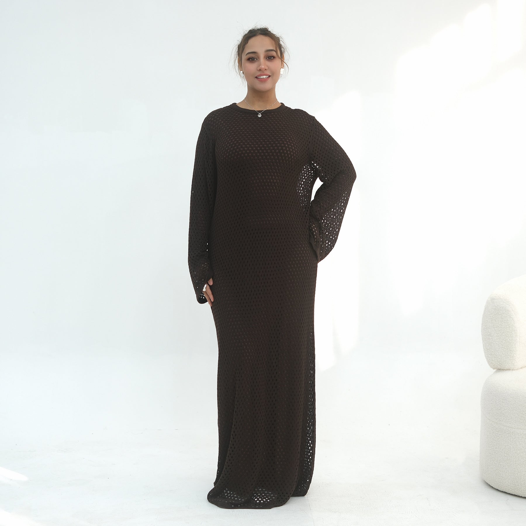 Elegant Hollow-Out Knit Dress - Modest A-Line Long Sleeve