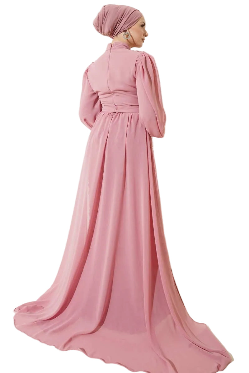 Floral Patterned Tulle Cape Evening Dress – Powder Pink & Emerald Green | Neomodest