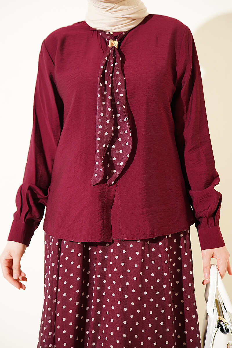 Two-Pieces Set with Polka Dot Skirt and Scarf, Burgundy