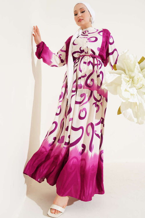 Buttoned Patterned Dress with Strappy Belt, Purple