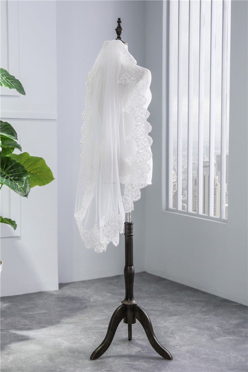 Sequined Short Wedding Veil, Soft Mesh Lace White Ivory Veil