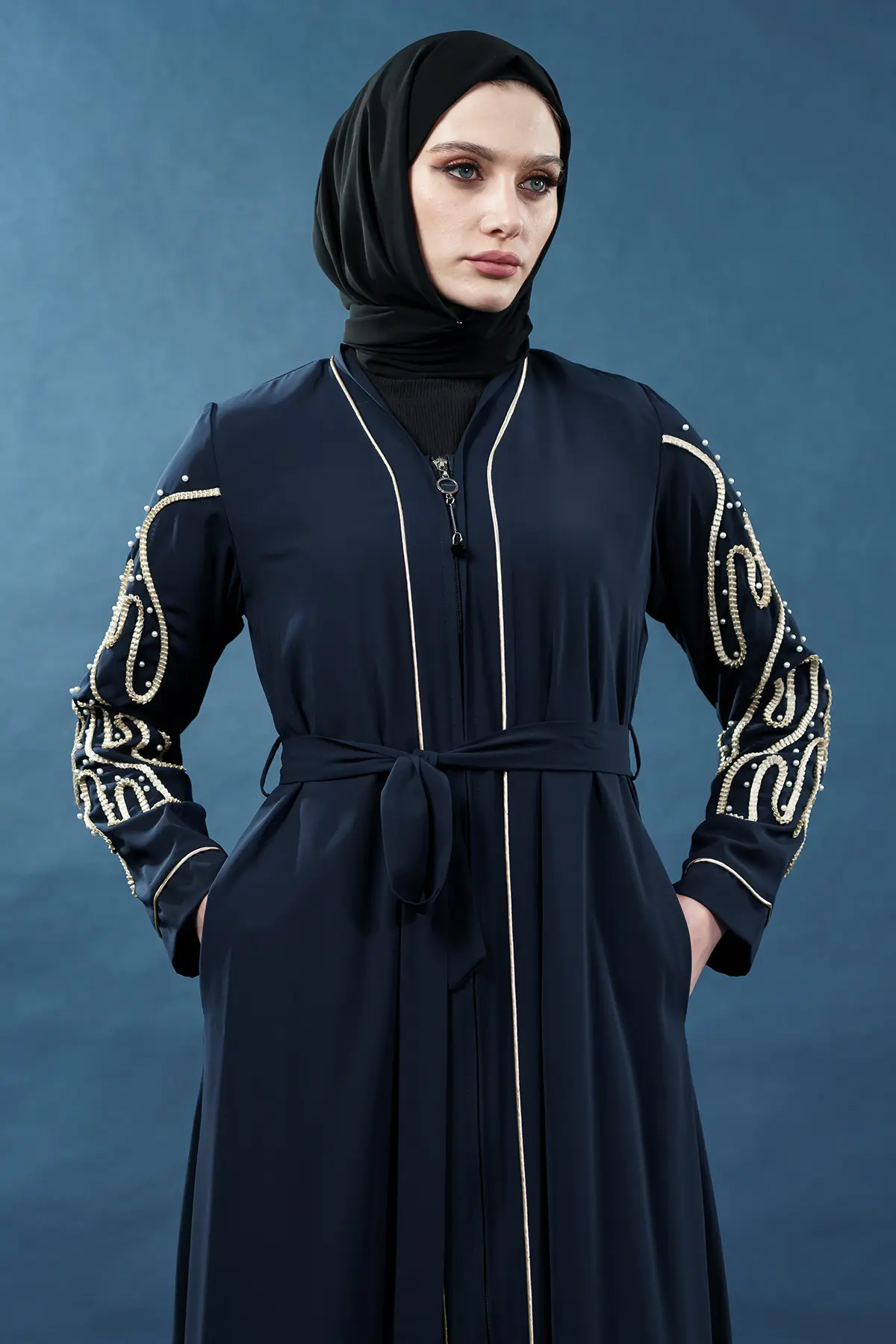 Zippered Embellished Abaya-Navy
