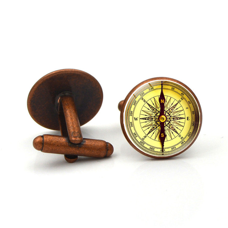 Vintage Compass & Time Glass Dome Cufflinks | Unisex Metal Accessories