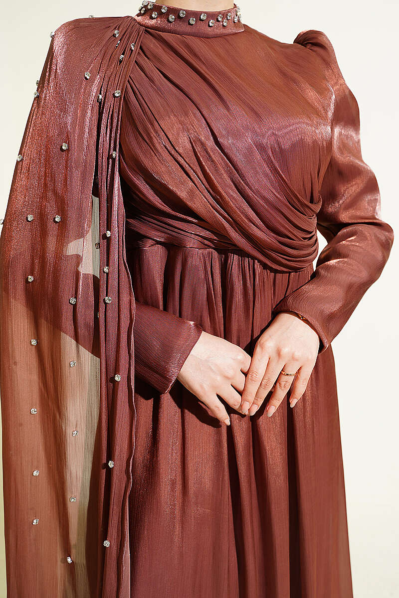 Modest One-Shoulder Cape Evening Dress with Embellishment – Brown