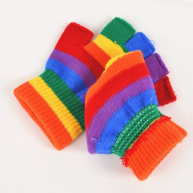 Regenbogenfarbene, gestreifte fingerlose Handschuhe – Halbfinger-Strickfäustlinge