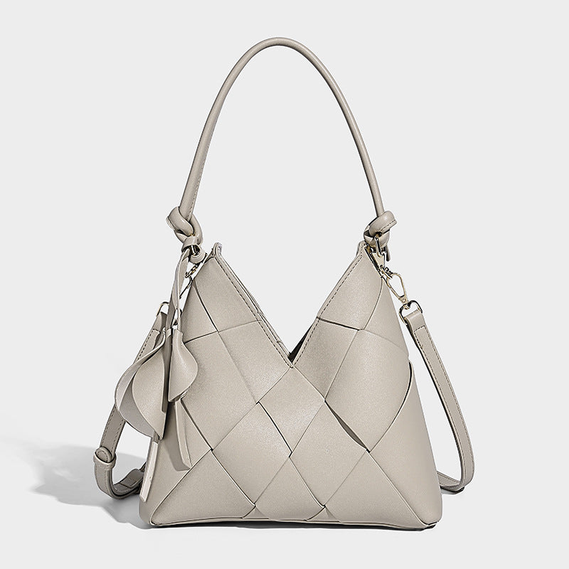 Woven Patchwork Shoulder Bag – Large Capacity Bucket Design