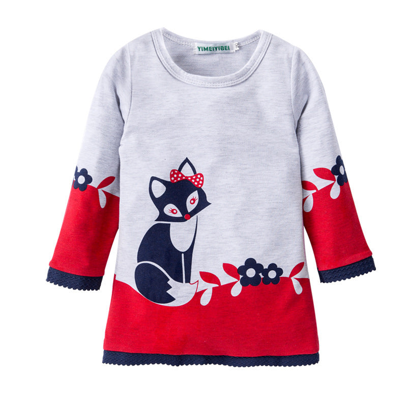 Fox Print Long-sleeved Children's Dress