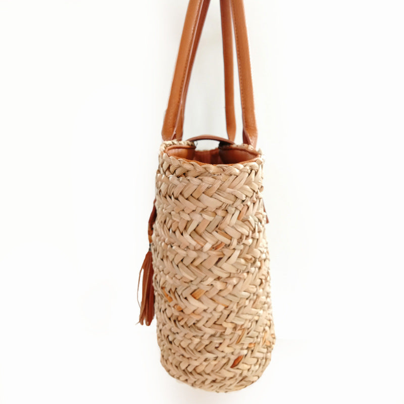 Handwoven Straw Beach Bag – Tassel Bucket Handbag