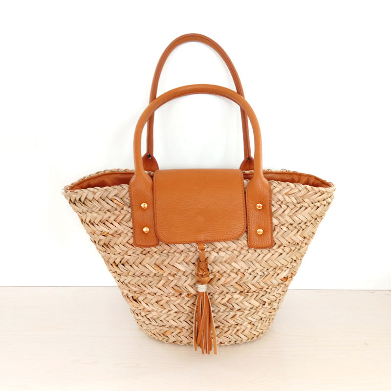 Handwoven Straw Beach Bag – Tassel Bucket Handbag