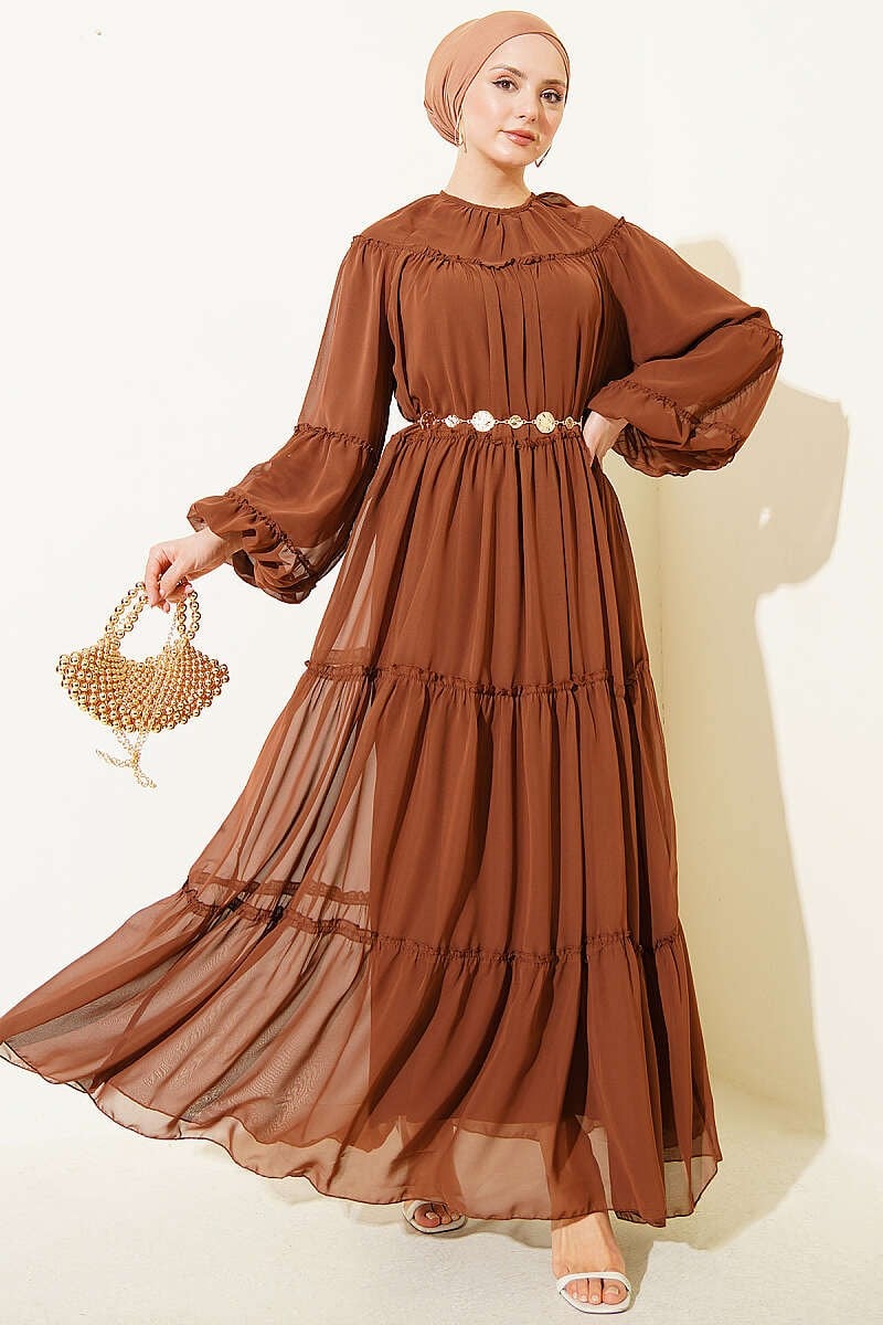 Layered Chiffon Dress with Elastic Ankles, Brown