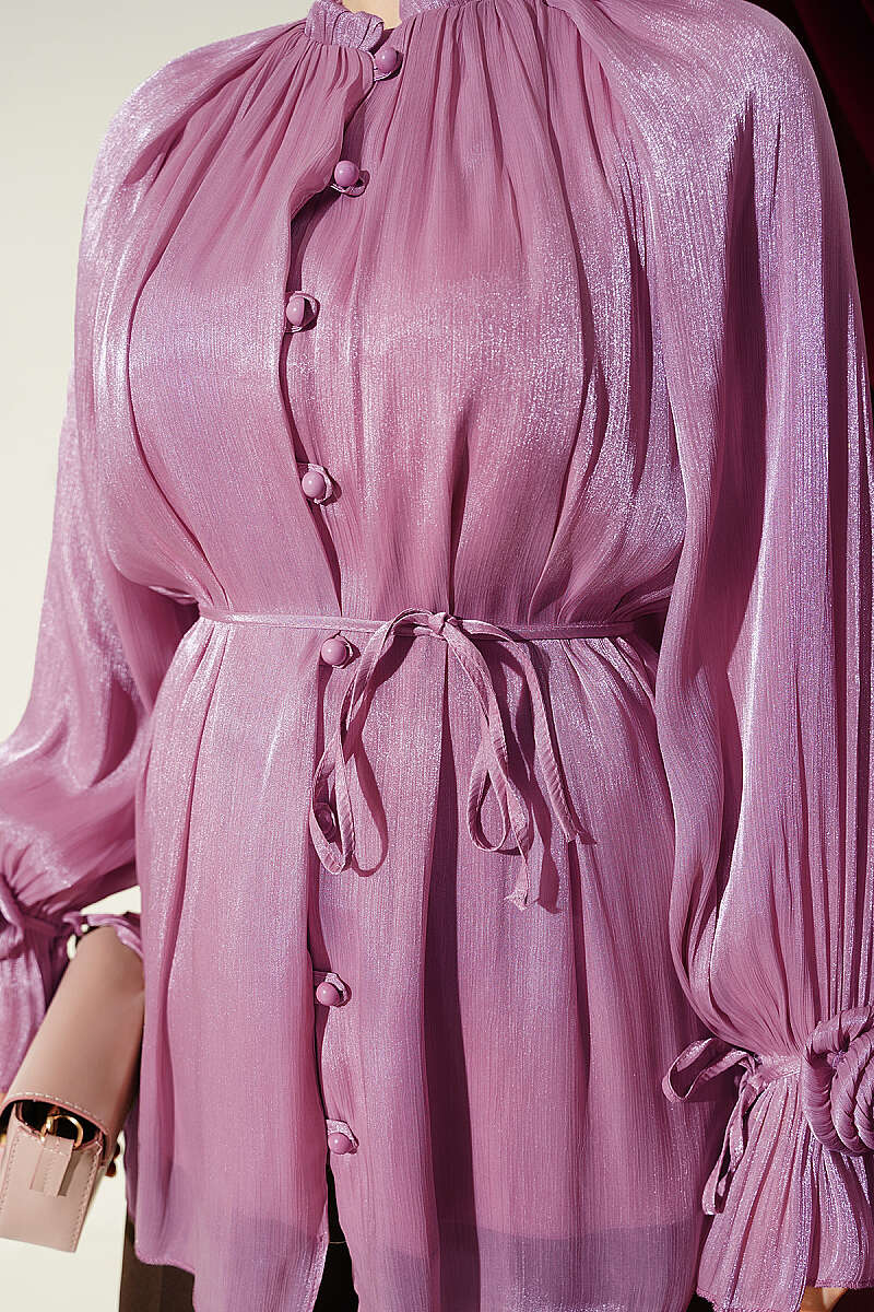 Rose Detail Evening Shirt | Navy Blue & Rose Pink | NEOMODEST London