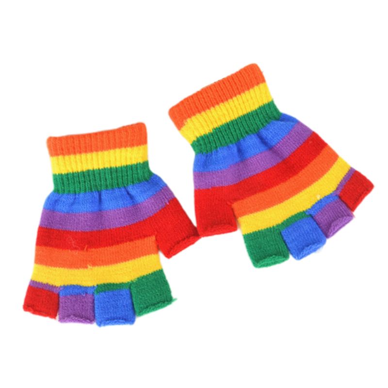 Rainbow Striped Fingerless Gloves - Half Finger Knit Mittens
