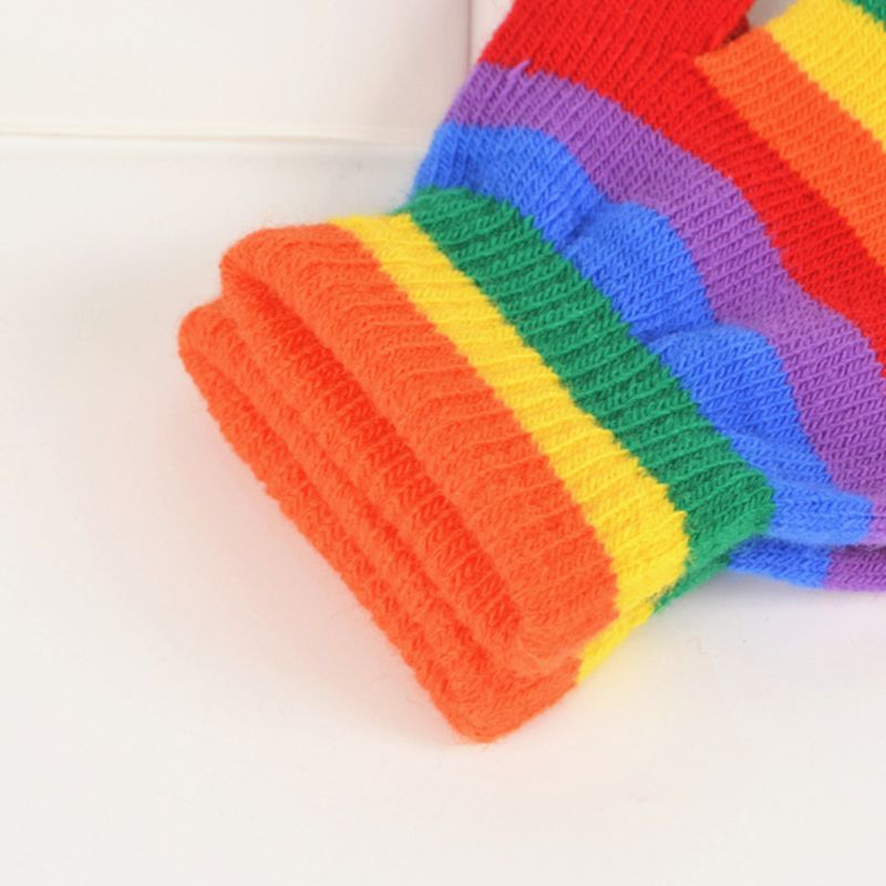 Rainbow Striped Fingerless Gloves - Half Finger Knit Mittens