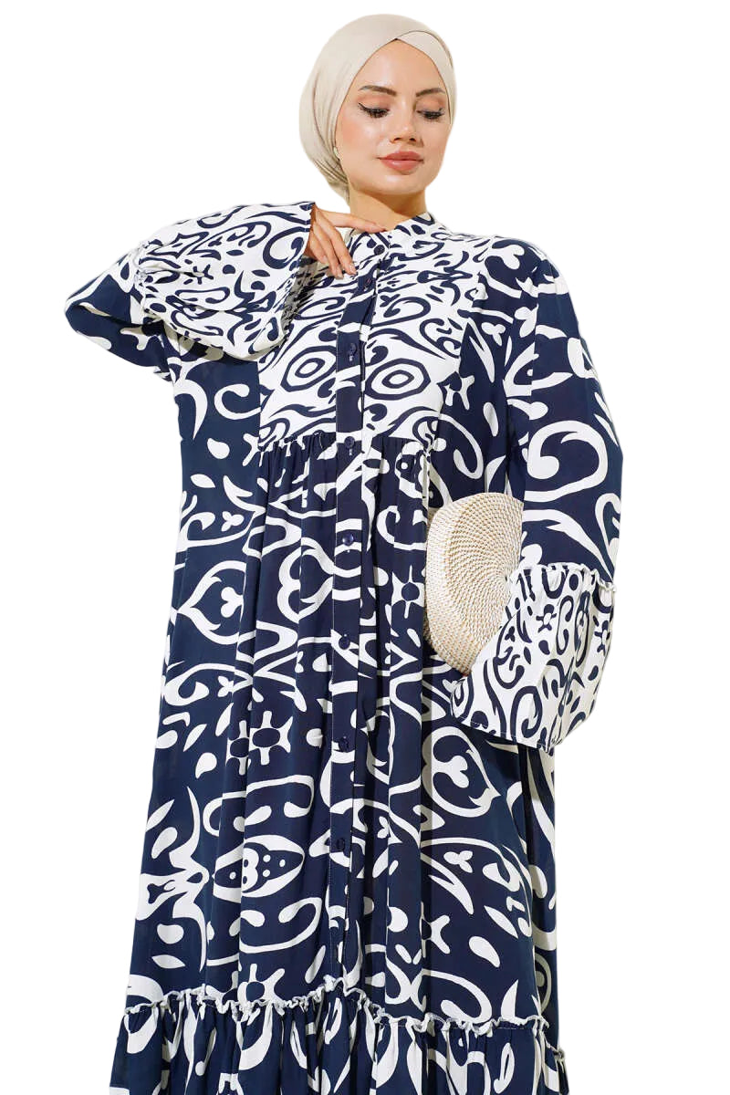 Ethnic Print Buttoned Maxi Dress — Navy Blue