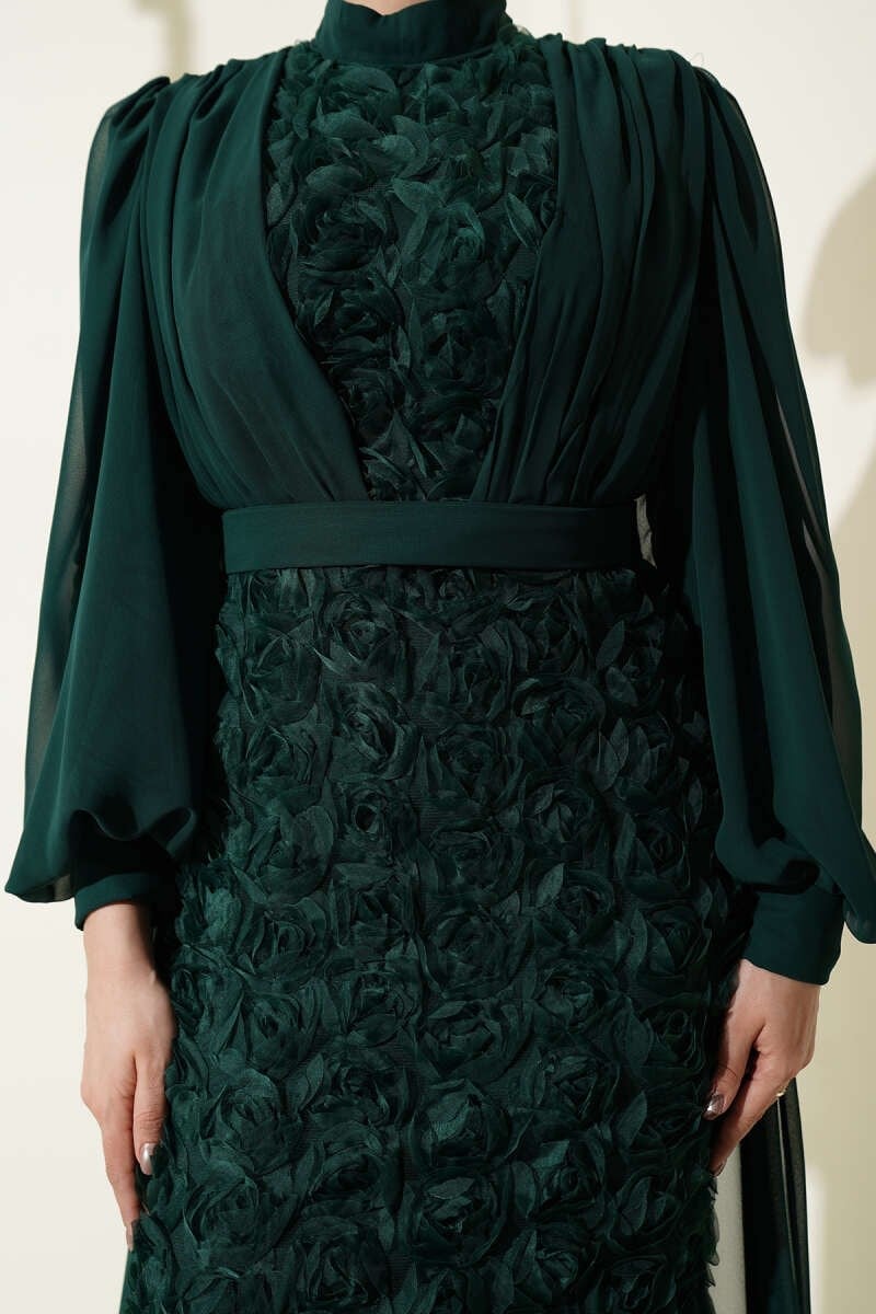 Floral Patterned Tulle Cape Evening Dress – Powder Pink & Emerald Green | Neomodest