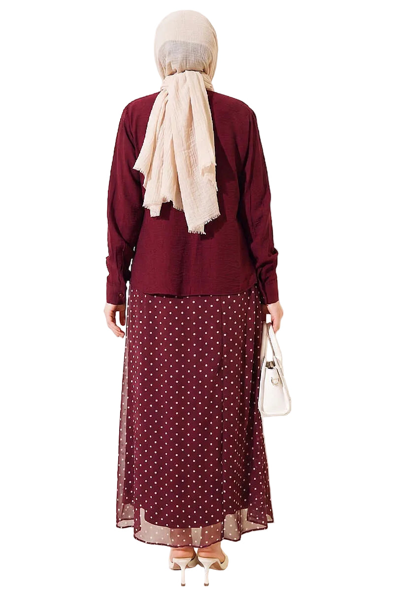 Two-Pieces Set with Polka Dot Skirt and Scarf, Burgundy