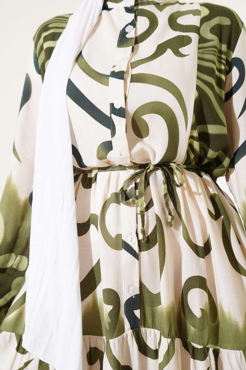 Patterned Summer Dress | Drawstring Belt | Khaki & Indigo [Pre-Order]