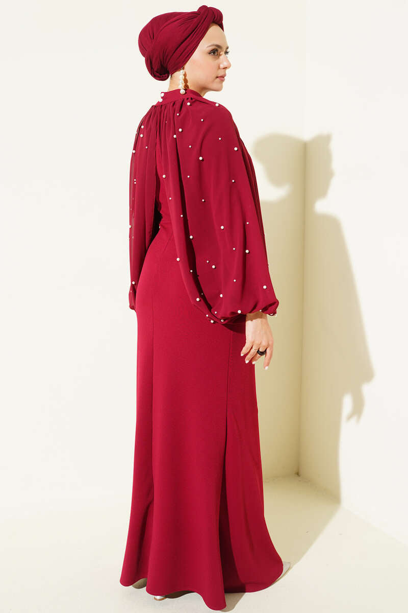 Burgundy Steep Collard Evening Dress with Pearl Cape