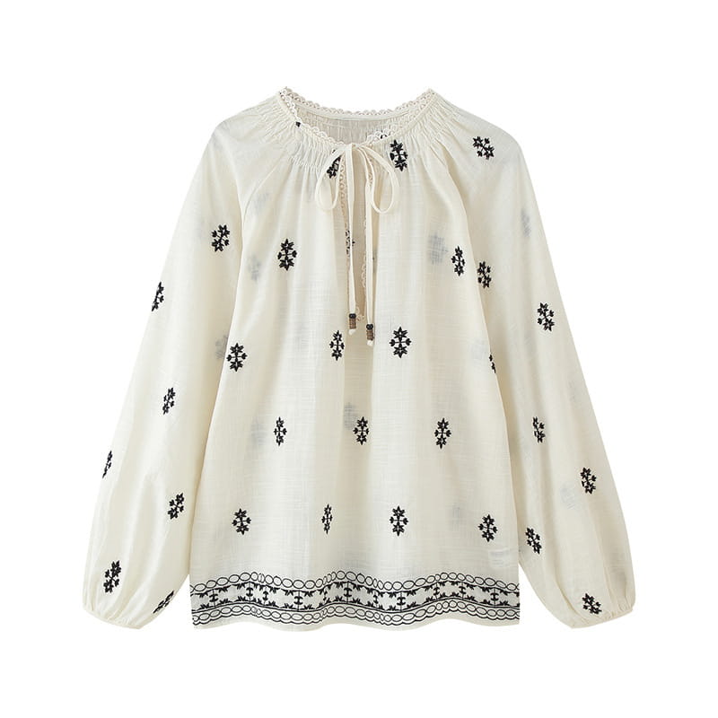 Women’s Casual Long Sleeve Lace-up Embroidered Blouse