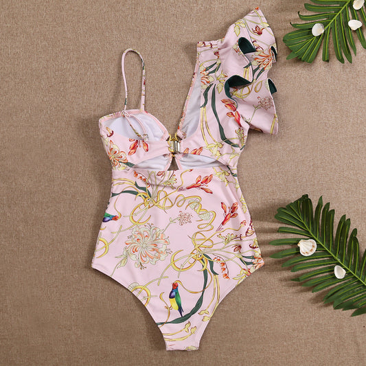 Women's One-piece One Shoulder Ruffled Edge Swimwear, Cross-border Printed Swimsuit