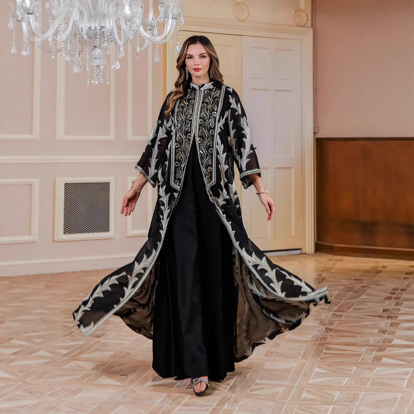 Women's Heavy Mesh Embroidery Long Robe, Middle Eastern Luxury Abaya Cape
