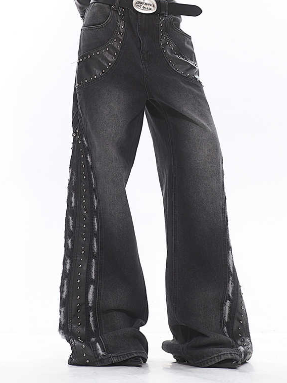 Retro Washed Heavy Niche Deconstructed Leather Patchwork Jeans