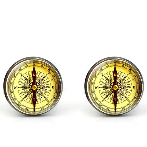 Vintage Compass & Time Glass Dome Cufflinks | Unisex Metal Accessories