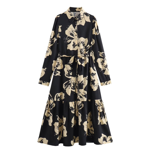 Long Sleeve Waist-controlled Breasted Shirt Dress