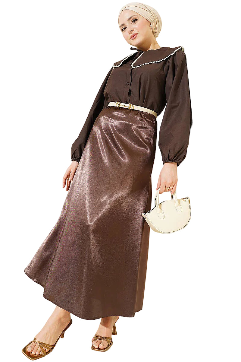 Satin Flared Skirt with Elastic Waistband | Black & Brown | Modest Fashion