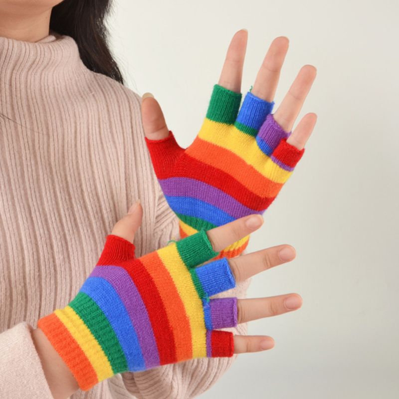 Rainbow Striped Fingerless Gloves - Half Finger Knit Mittens