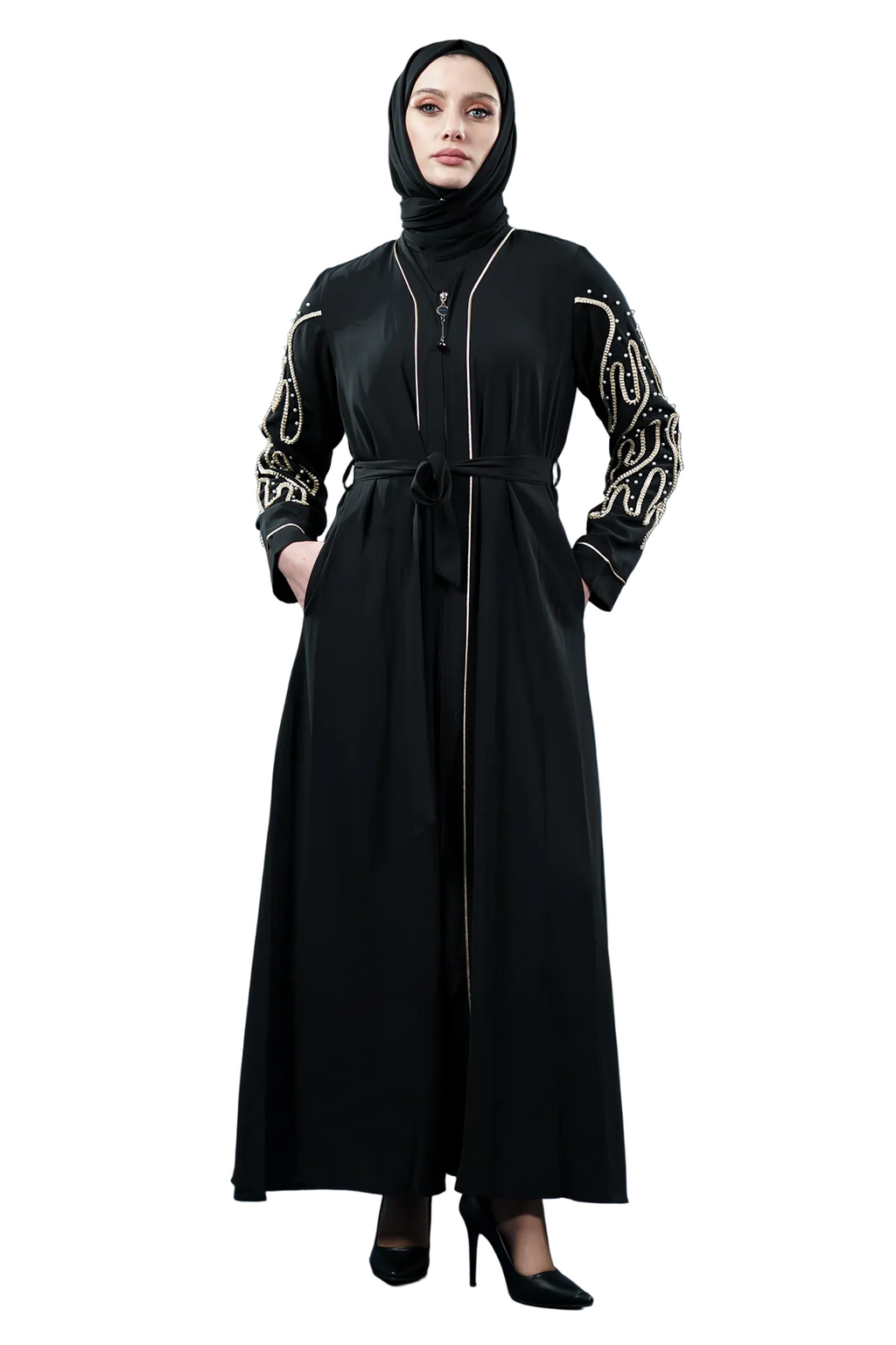 Pearl Embellished Abaya | Zippered | Black