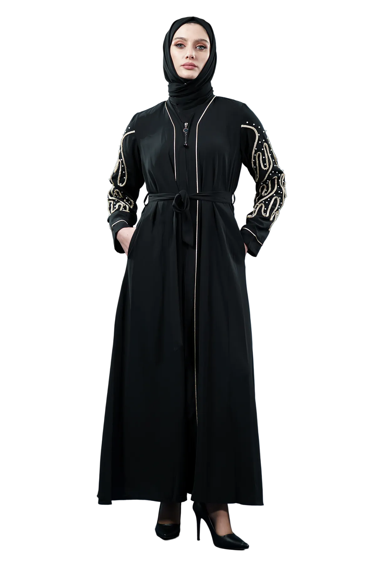 Pearl Embellished Abaya | Zippered | Black
