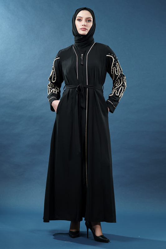 Pearl Embellished Abaya | Zippered | Black